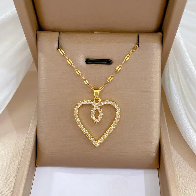 Trendy Heart Stainless Steel Zirconia Necklaces for Women Girls Love Gold Color Metal Necklace Party Birthday Daily Jewelry