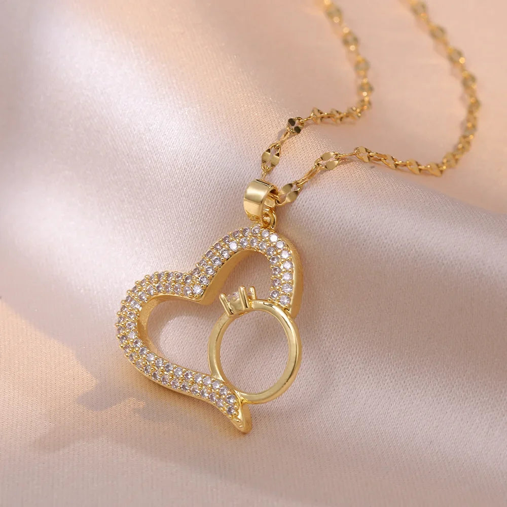 Trendy Heart Stainless Steel Zirconia Necklaces for Women Girls Love Gold Color Metal Necklace Party Birthday Daily Jewelry