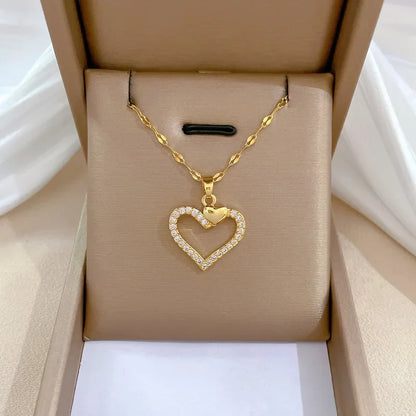 Trendy Heart Stainless Steel Zirconia Necklaces for Women Girls Love Gold Color Metal Necklace Party Birthday Daily Jewelry