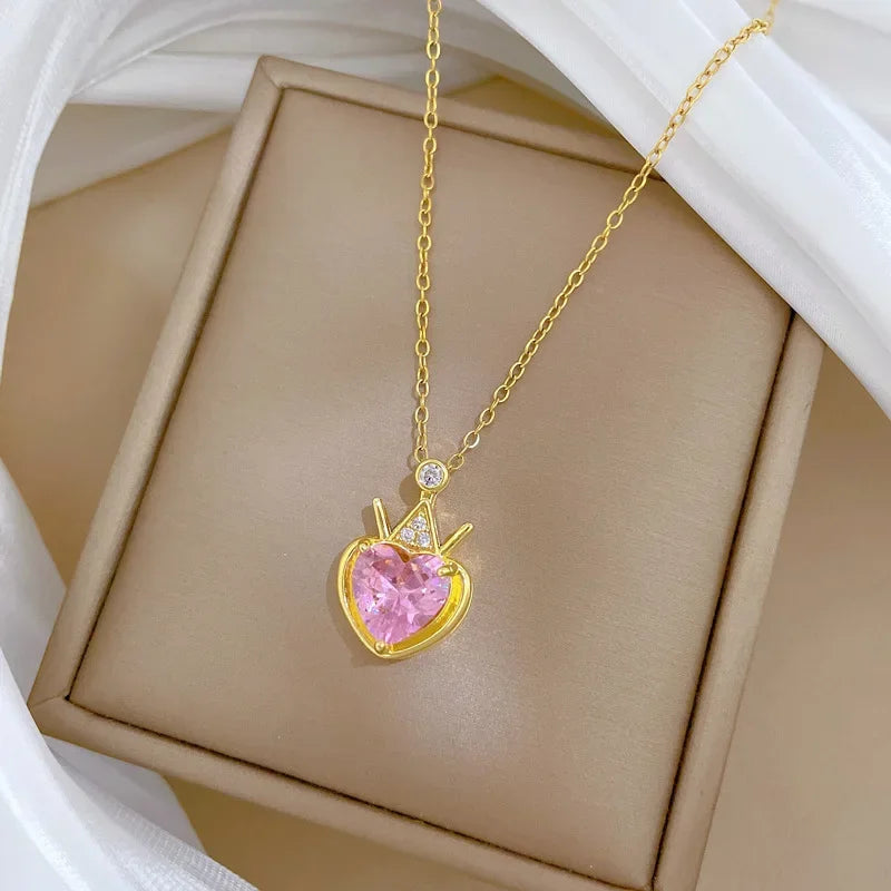 Trendy Heart Stainless Steel Zirconia Necklaces for Women Girls Love Gold Color Metal Necklace Party Birthday Daily Jewelry