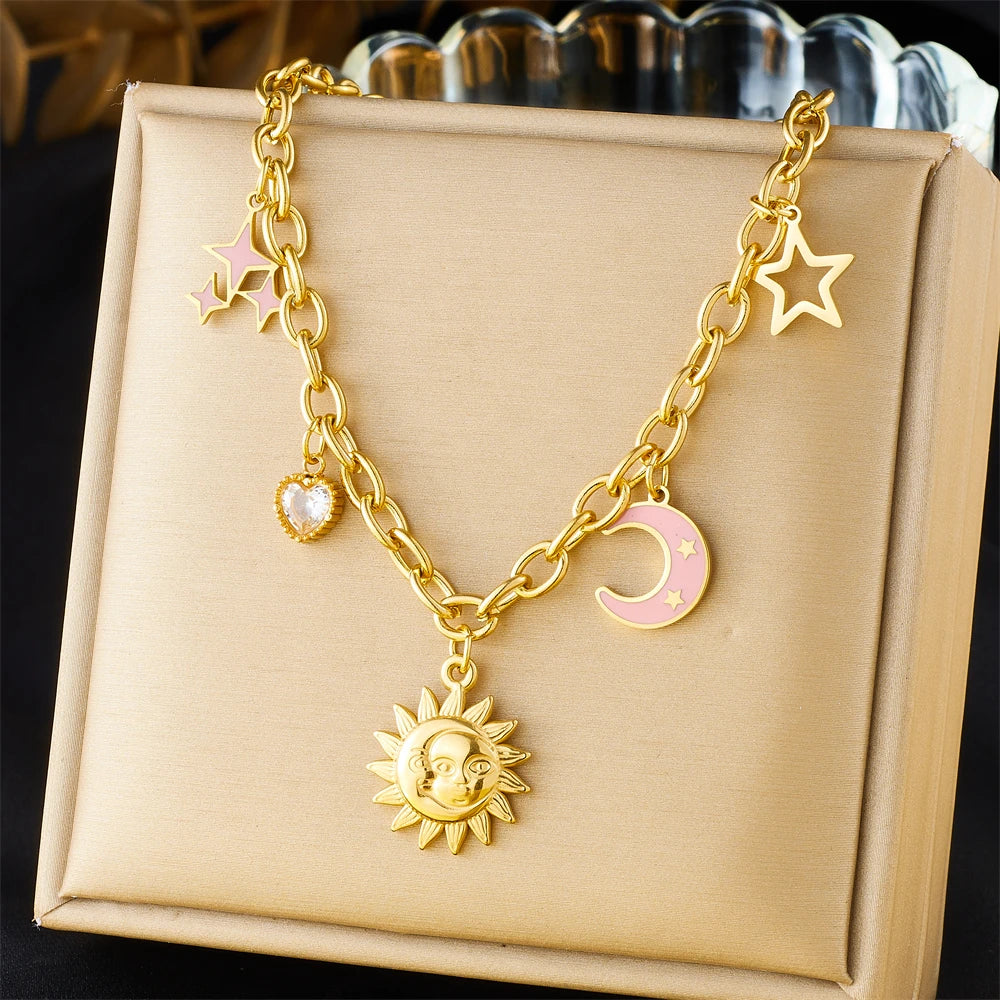 316L Stainless Steel Golden Trendy Starfish Moon Sun Shaped Pendant Necklace for Women Romantic Neck Chain Holiday Gift