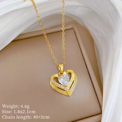 Trendy Heart Stainless Steel Zirconia Necklaces for Women Girls Love Gold Color Metal Necklace Party Birthday Daily Jewelry