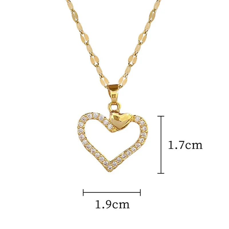 Trendy Heart Stainless Steel Zirconia Necklaces for Women Girls Love Gold Color Metal Necklace Party Birthday Daily Jewelry
