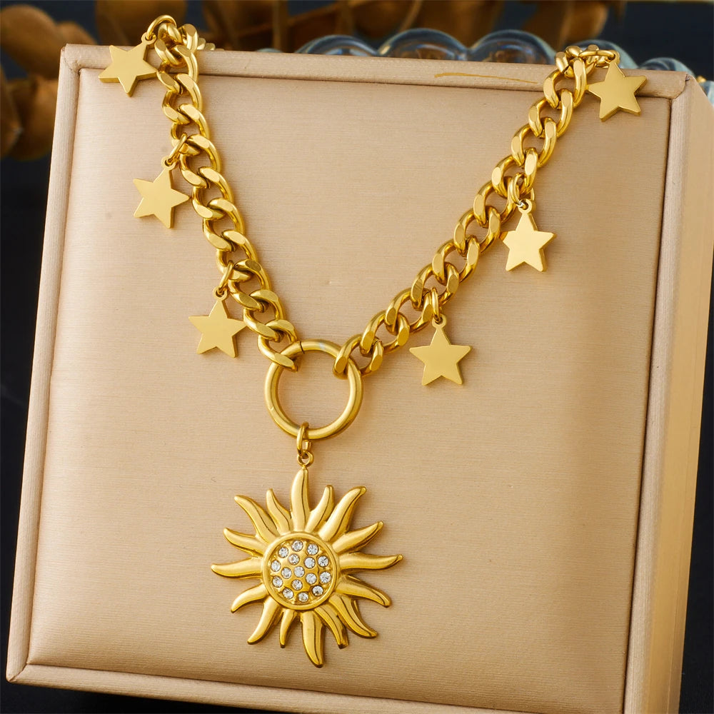 316L Stainless Steel Golden Trendy Starfish Moon Sun Shaped Pendant Necklace for Women Romantic Neck Chain Holiday Gift