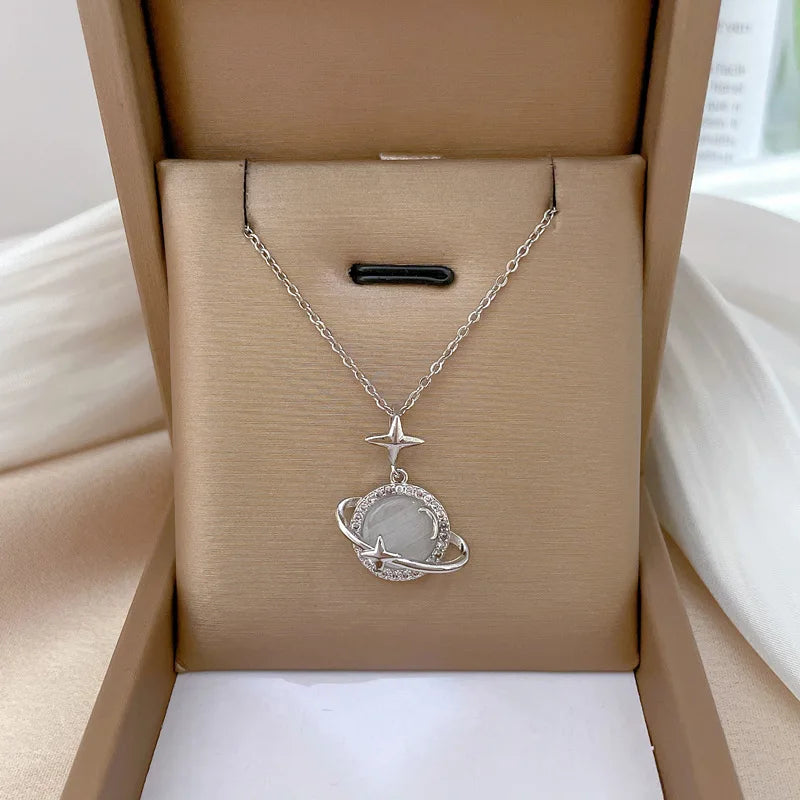 Planet Saturn Titanium Steel Chain Necklace Women'S Light Luxury Transparent Crystal Sweet Cool Clavicle Neck Chain Jewelry