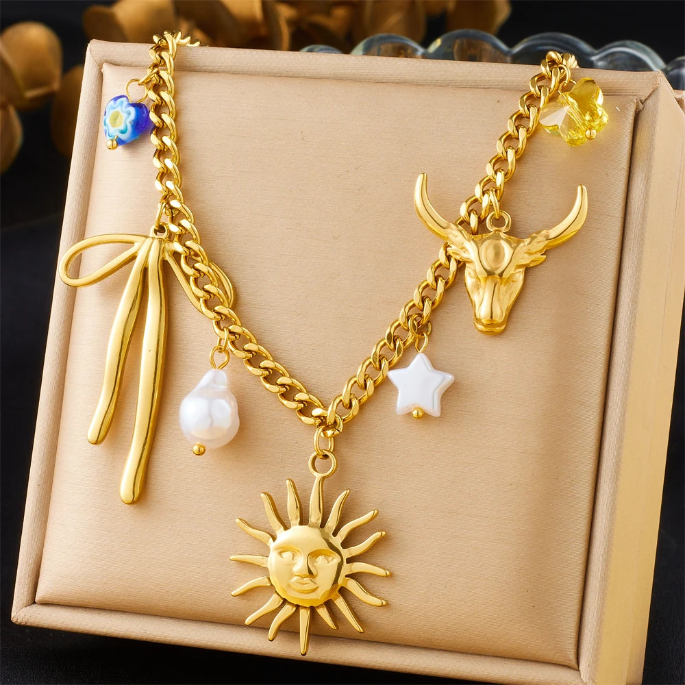 316L Stainless Steel Golden Trendy Starfish Moon Sun Shaped Pendant Necklace for Women Romantic Neck Chain Holiday Gift