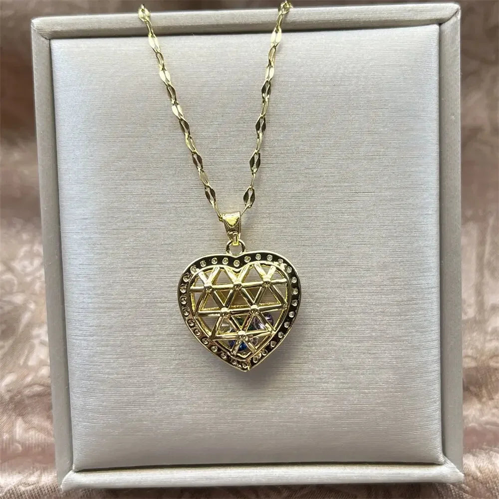 Trendy Heart Stainless Steel Zirconia Necklaces for Women Girls Love Gold Color Metal Necklace Party Birthday Daily Jewelry