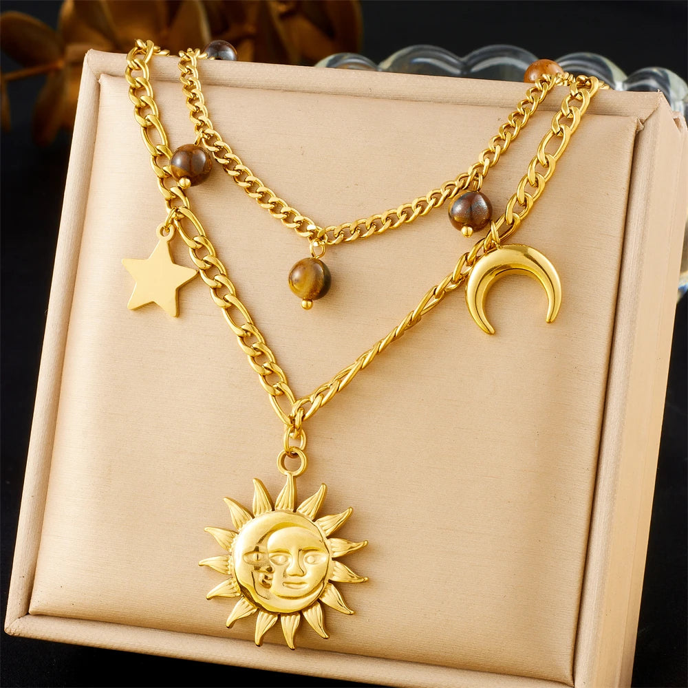 316L Stainless Steel Golden Trendy Starfish Moon Sun Shaped Pendant Necklace for Women Romantic Neck Chain Holiday Gift