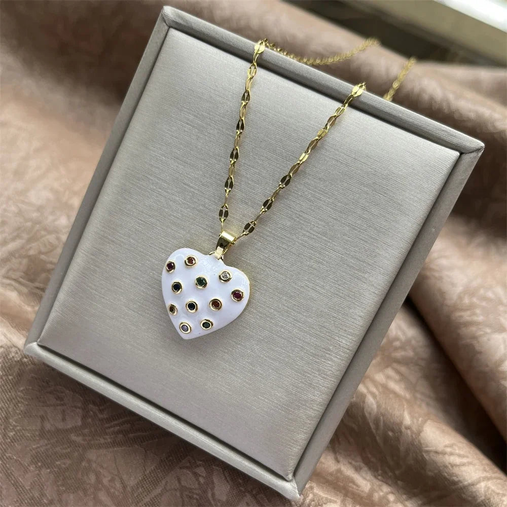 Trendy Heart Stainless Steel Zirconia Necklaces for Women Girls Love Gold Color Metal Necklace Party Birthday Daily Jewelry