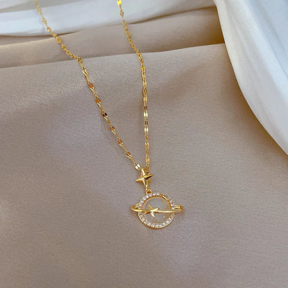 Planet Saturn Titanium Steel Chain Necklace Women'S Light Luxury Transparent Crystal Sweet Cool Clavicle Neck Chain Jewelry