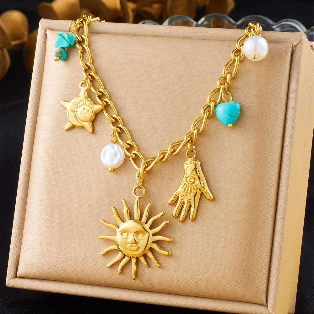 316L Stainless Steel Golden Trendy Starfish Moon Sun Shaped Pendant Necklace for Women Romantic Neck Chain Holiday Gift