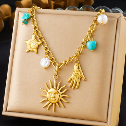 316L Stainless Steel Golden Trendy Starfish Moon Sun Shaped Pendant Necklace for Women Romantic Neck Chain Holiday Gift