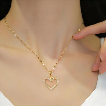 Trendy Heart Stainless Steel Zirconia Necklaces for Women Girls Love Gold Color Metal Necklace Party Birthday Daily Jewelry