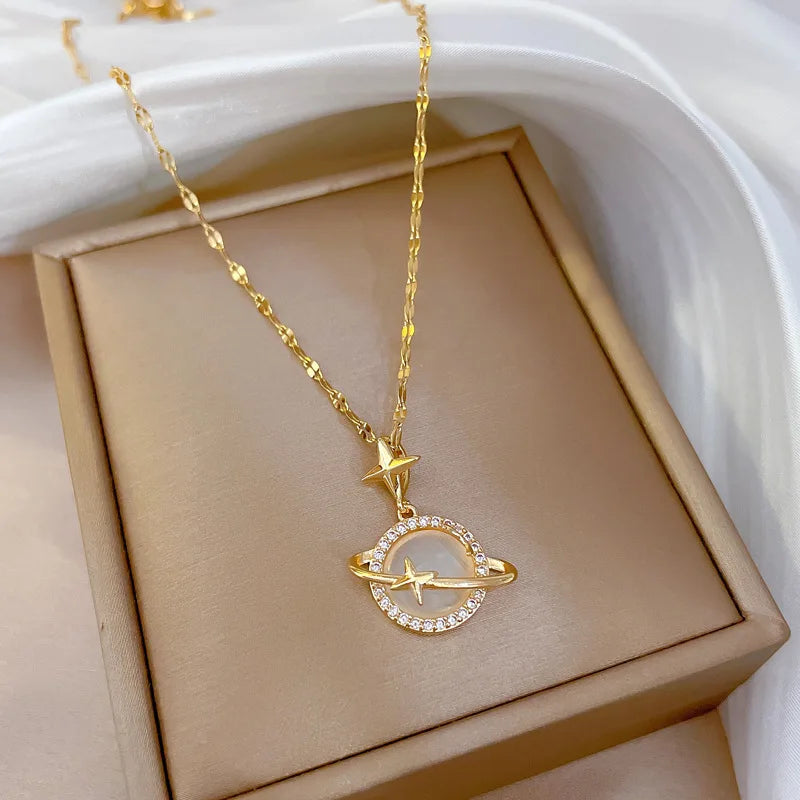 Planet Saturn Titanium Steel Chain Necklace Women'S Light Luxury Transparent Crystal Sweet Cool Clavicle Neck Chain Jewelry