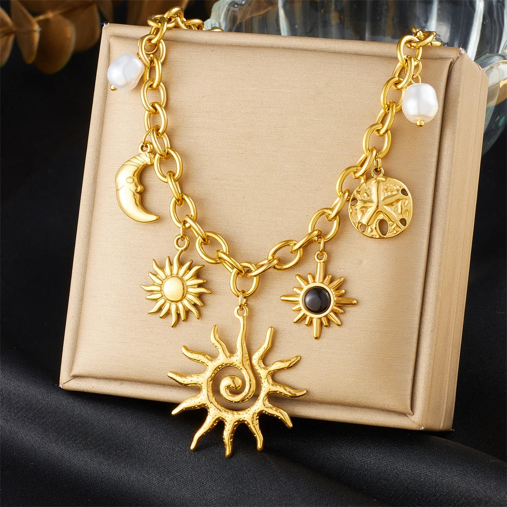 316L Stainless Steel Golden Trendy Starfish Moon Sun Shaped Pendant Necklace for Women Romantic Neck Chain Holiday Gift