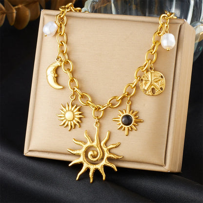 316L Stainless Steel Golden Trendy Starfish Moon Sun Shaped Pendant Necklace for Women Romantic Neck Chain Holiday Gift