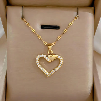 Trendy Heart Stainless Steel Zirconia Necklaces for Women Girls Love Gold Color Metal Necklace Party Birthday Daily Jewelry