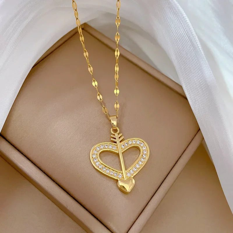 Trendy Heart Stainless Steel Zirconia Necklaces for Women Girls Love Gold Color Metal Necklace Party Birthday Daily Jewelry