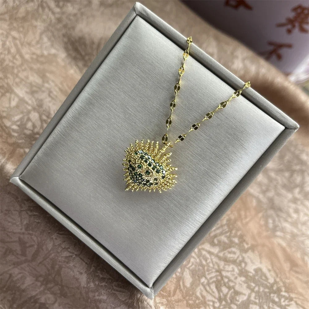Trendy Heart Stainless Steel Zirconia Necklaces for Women Girls Love Gold Color Metal Necklace Party Birthday Daily Jewelry