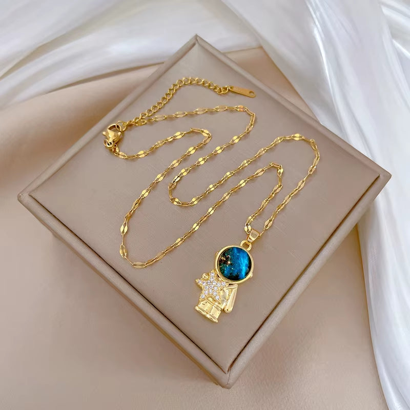 Light Luxury Titanium Steel Star Astronaut Series Necklace for Women Gold Color Planet Moon Astronaut Pendants Necklaces Jewelry
